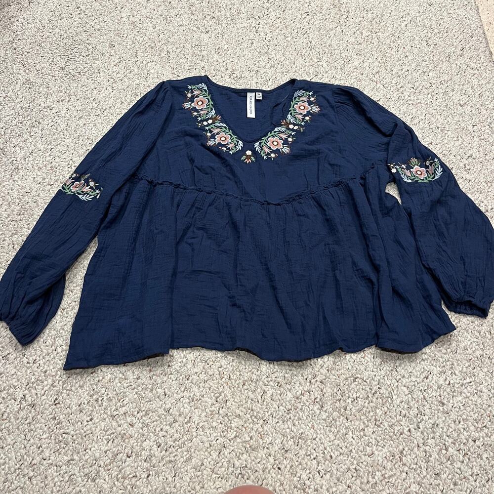 Grace + Karma Embroidered Gauze Peasant Top Blouse 3X Blue Boho Fairy Flowy
